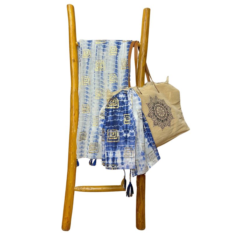 Nomad Sari Pareo - Handmålad Blå Tie-Dye & Blocktryck