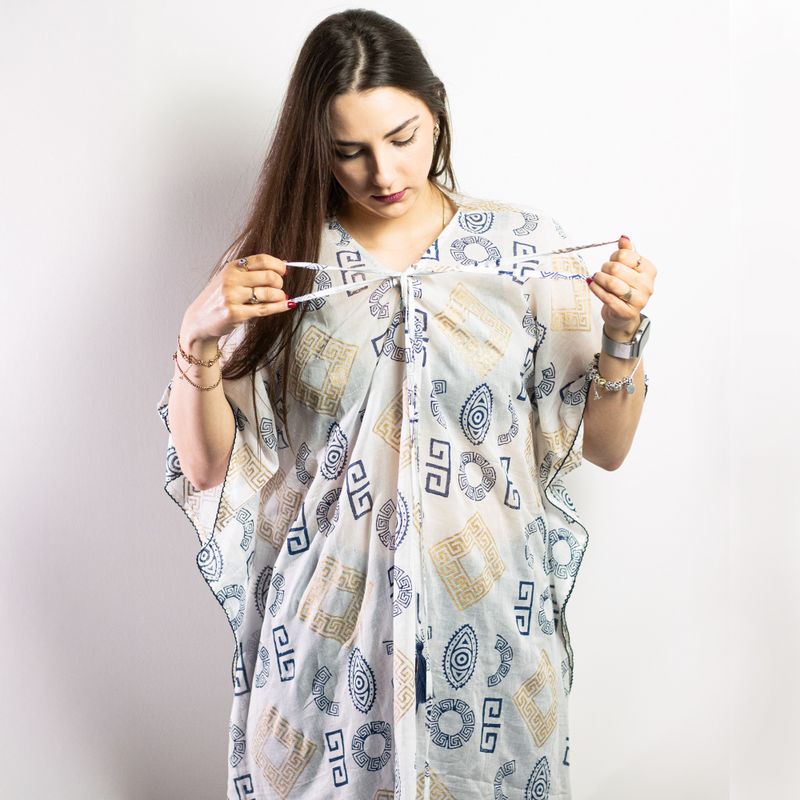 Nomad Sari Kaftan - Handmålad Grekisk Motiv i Guld & Blå