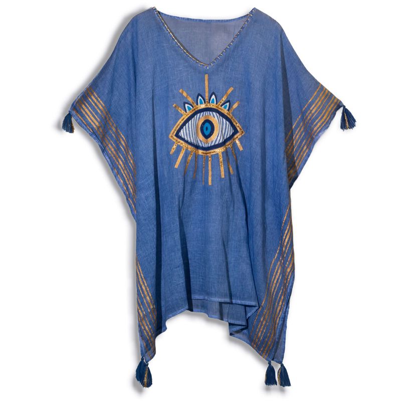 Nomad Sari Kaftan - Handmålad Design i Djup Blå & Guld med Onda Ögat