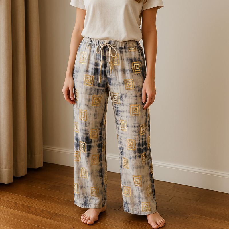 Nomad Sari Byxor M/L - Handmålad Grekisk Motiv i Guld & Blå