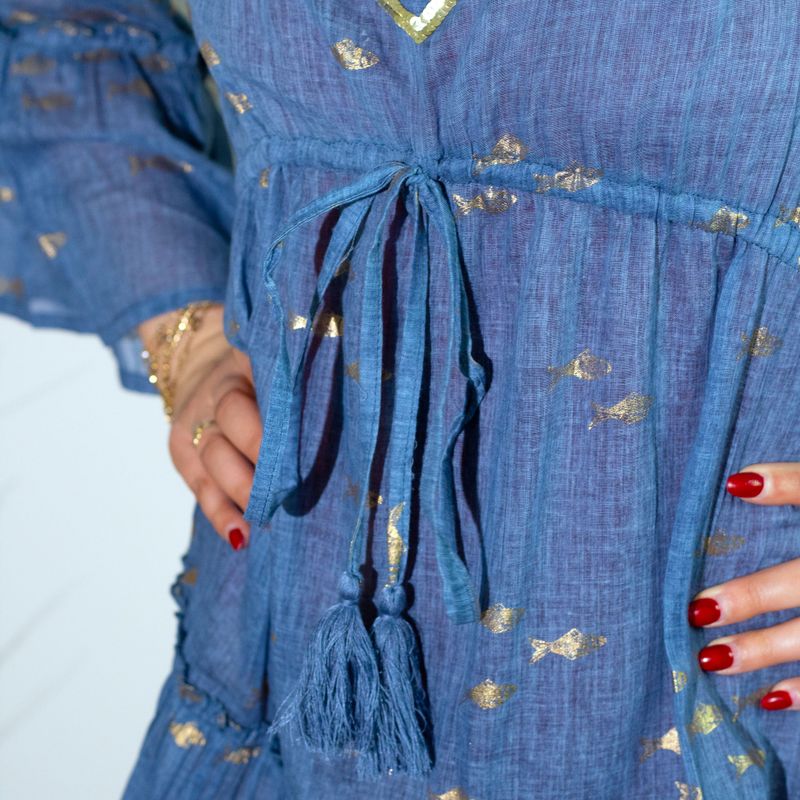 Nomad Sari Klänning M/L - Havsblå Design med Fiskar i Guld