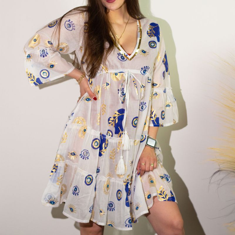 Nomad Sari Klänning M/L - Vit, Blå & Guld Design med Onda Ögat
