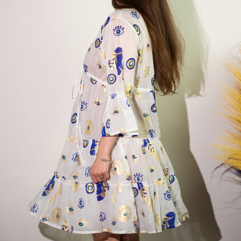 Nomad Sari Klänning M/L - Vit, Blå & Guld Design med Onda Ögat