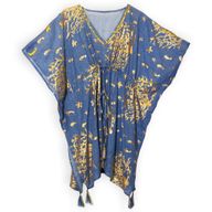 Nomad Sari Kaftan - Handmålad Design i Havsblå & Guld med Korallmotiv