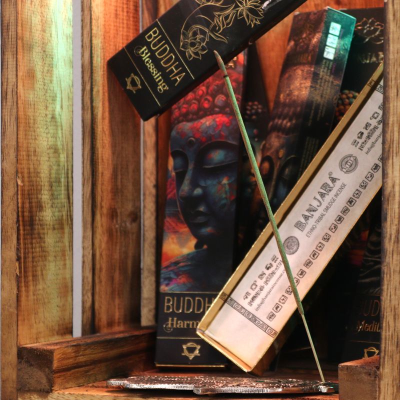 Banjara Buddha – Startpaket med 12 presentförpackningar (6 rökelsestickor per förpackning)