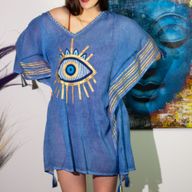 Nomad Sari Kaftan - Handmålad Design i Djup Blå & Guld med Onda Ögat