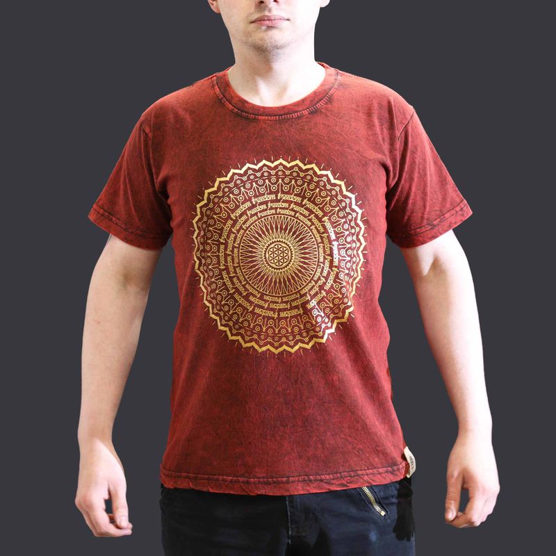 Stentvättad T-shirt (S) - Mandala - Vinröd