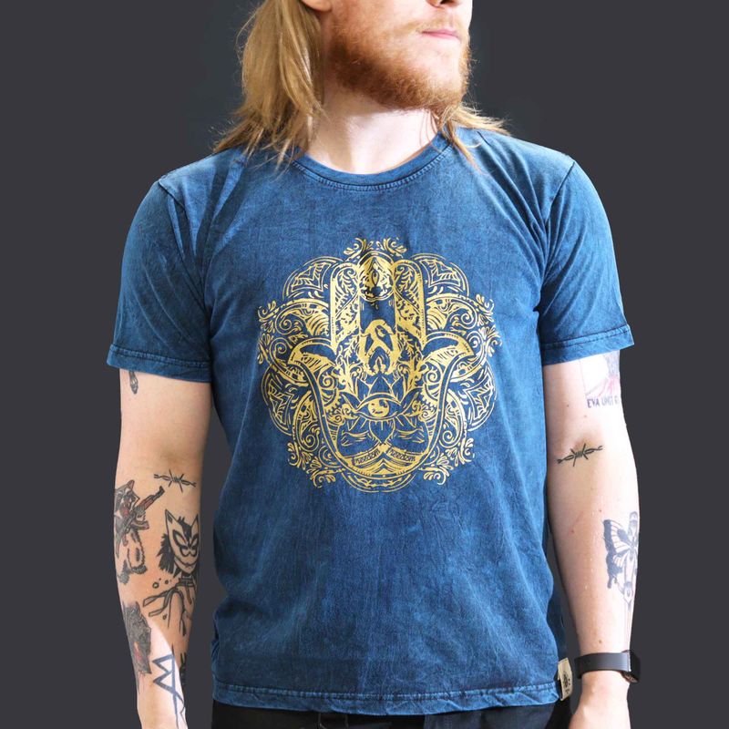 Stentvättad T-shirt (L) - Hamsa - Blå