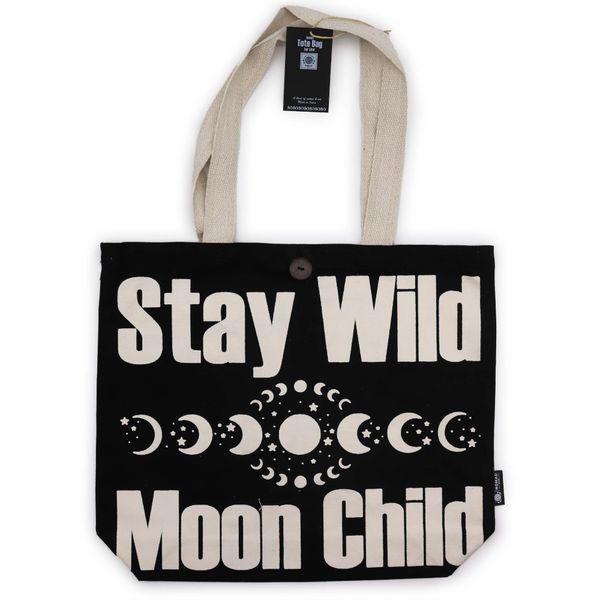 Ikonisk Klassisk Tygkasse - Stay Wild, Mood Child - Svart Naturlig