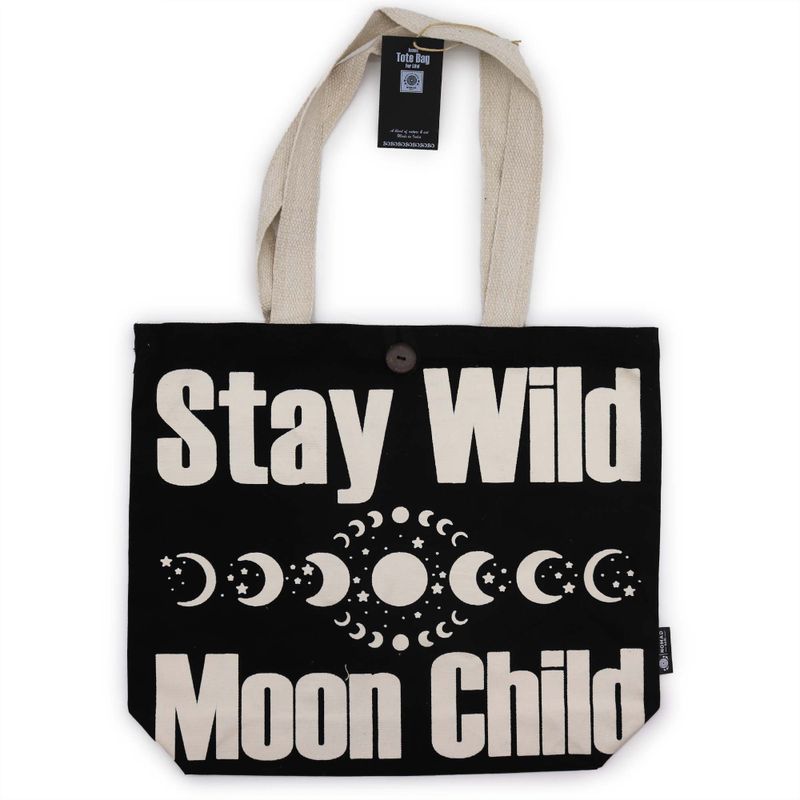 Ikonisk Klassisk Tygkasse - Stay Wild, Mood Child - Svart Naturlig