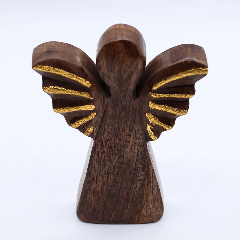 Medelstor Ängel i Mangoträ - Gyllene Dekor - 16cm