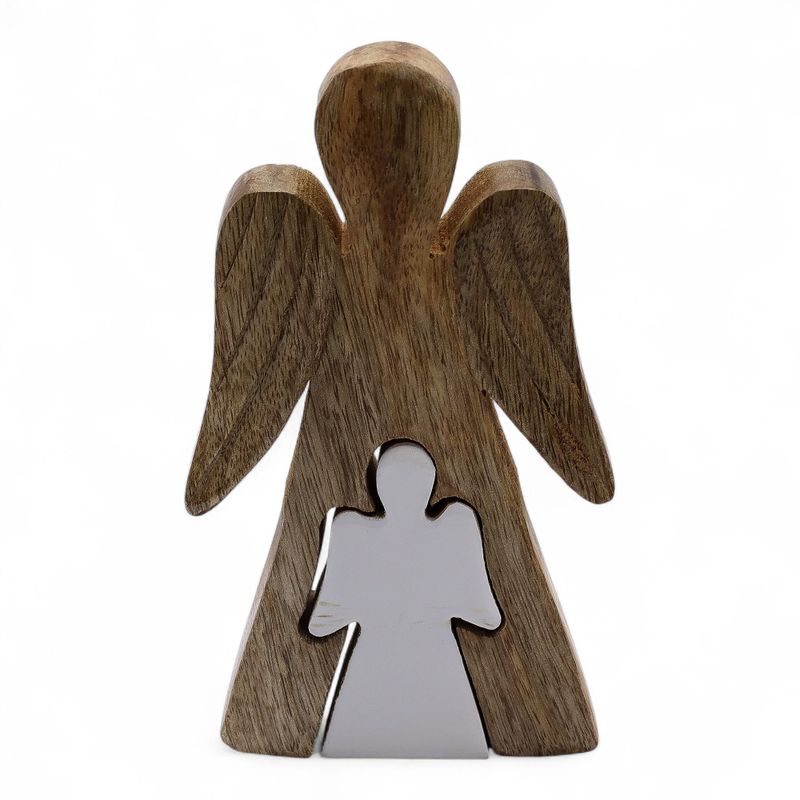 Ängel i Mangoträ med Liten Ängel i Mitten - Vit Emalj - 15cm