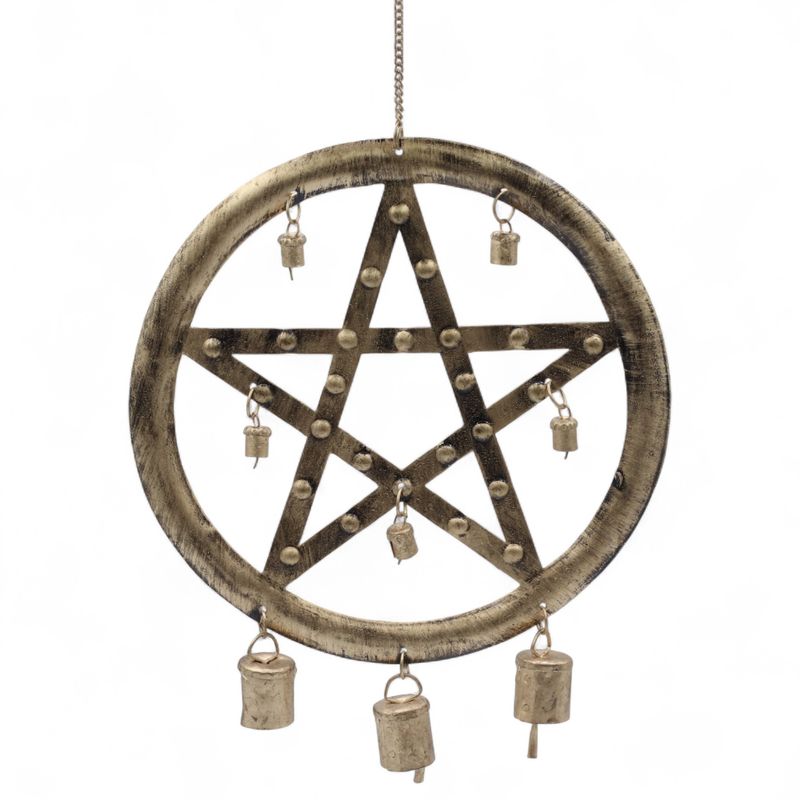 Indiskt Vindspel – Pentagram i Järn med Bjällror – 25 x 49 cm