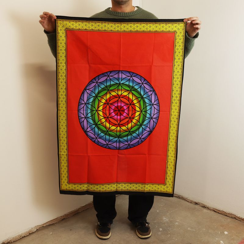 Väggdekoration i Bomull (70x110cm) - Regnbågsfärgad Livets Blomma