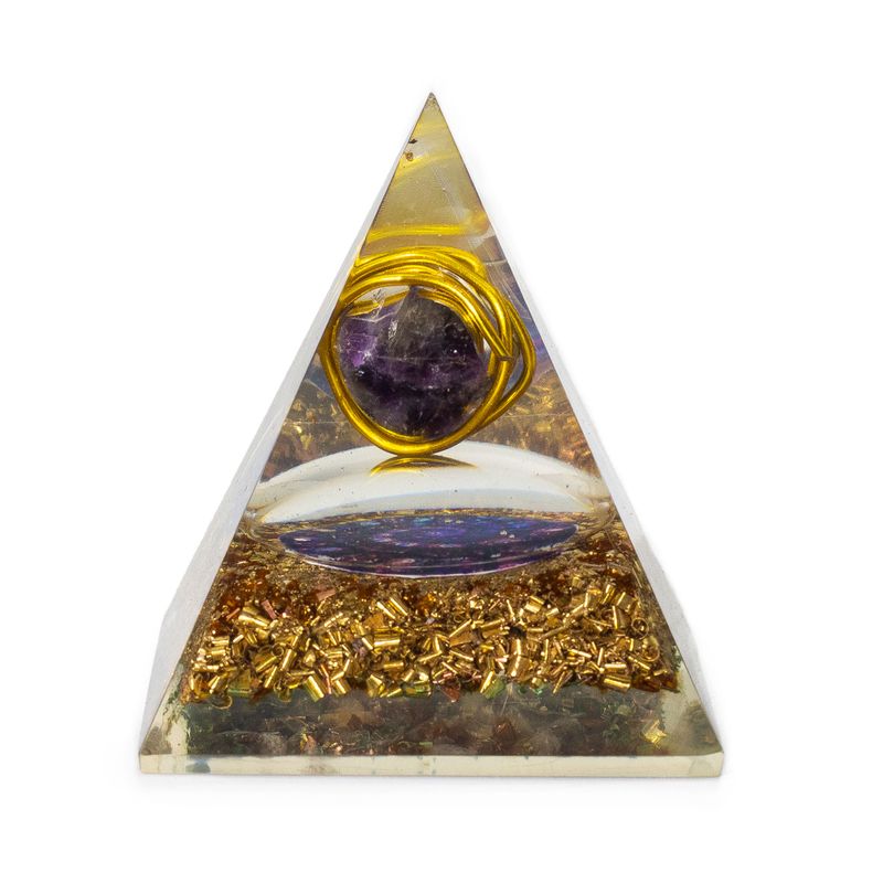 Medelstor Orgonitpyramid 7x6cm - Inlindad Ametist - Kopparspån