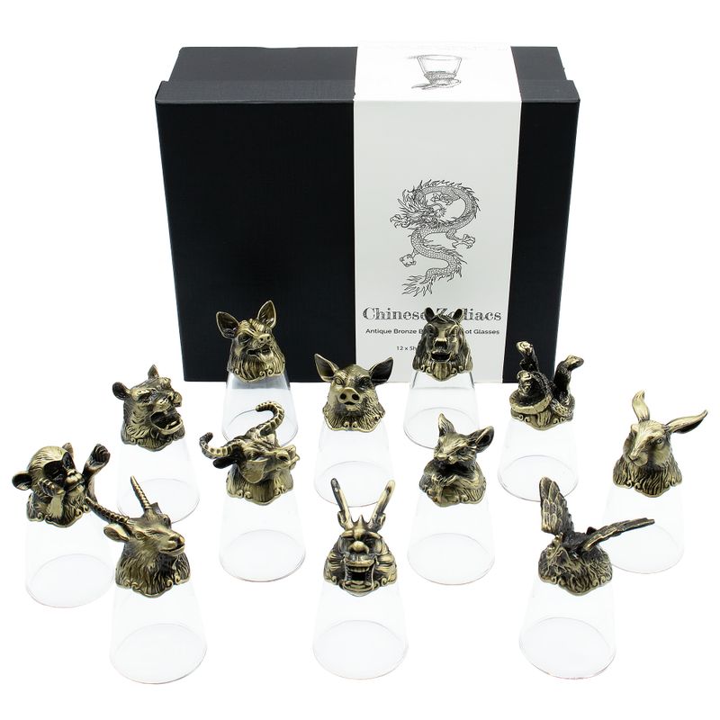 Gåvoset med 12 Bottom Up Shotglas (25ml) - Kinesiska Zodiak-varelser
