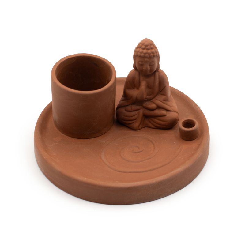 Multifunktionellt Rökelsefat med Buddha - Naturlig Terrakottastil