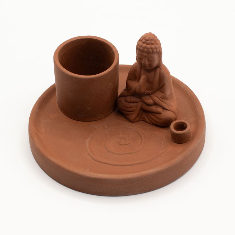 Multifunktionellt Rökelsefat med Buddha - Naturlig Terrakottastil