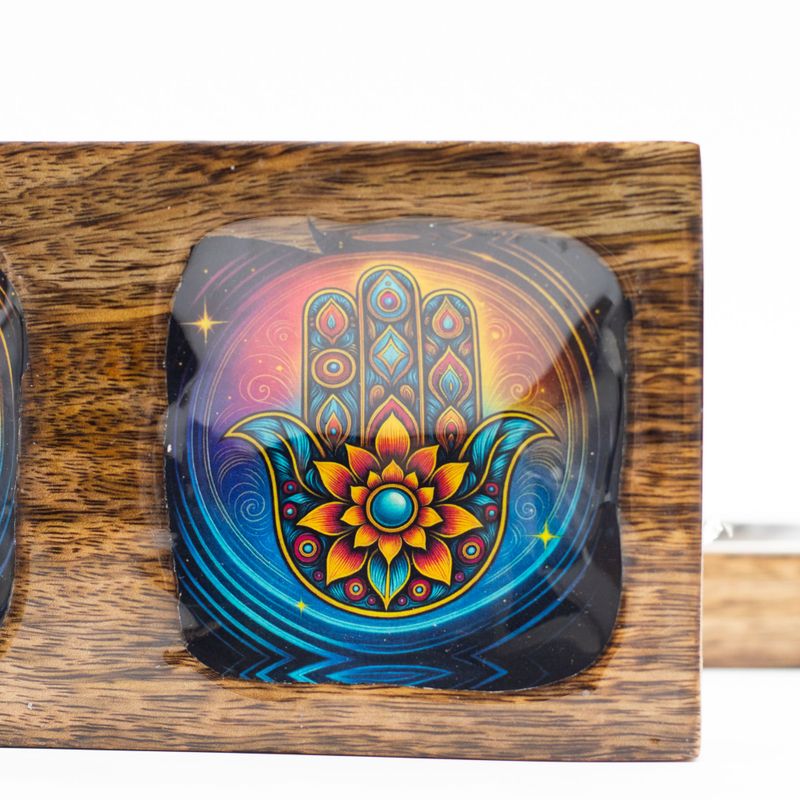 Set med Medelstora Emaljerade Brickor i Mangoträ - Hamsa