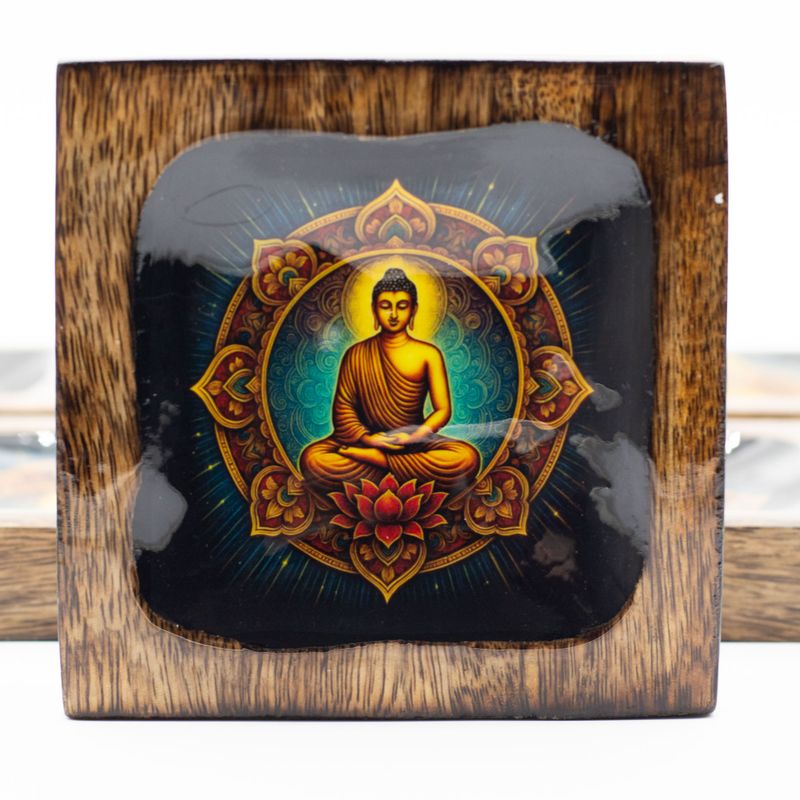 Set med Stora Emaljerade Brickor i Mangoträ - Buddha