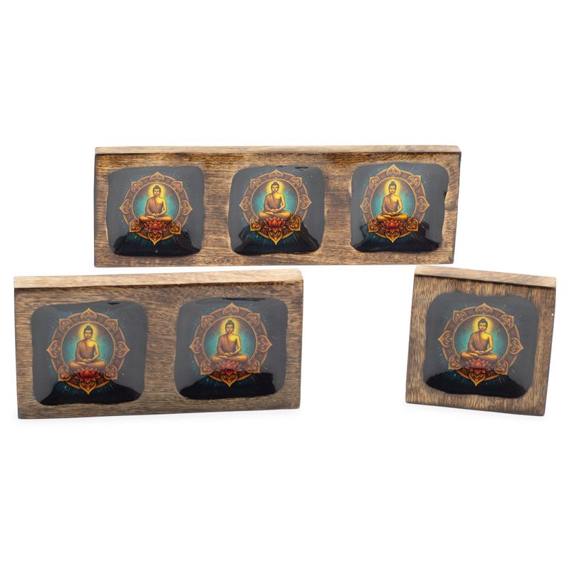 Set med Stora Emaljerade Brickor i Mangoträ - Buddha