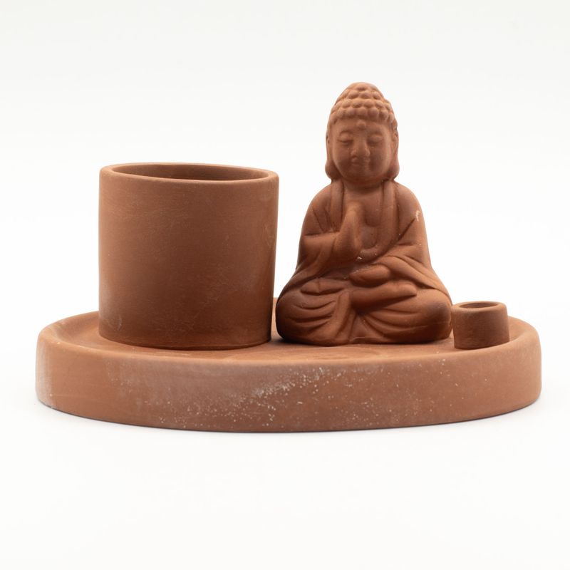 Multifunktionellt Rökelsefat med Buddha - Naturlig Terrakottastil