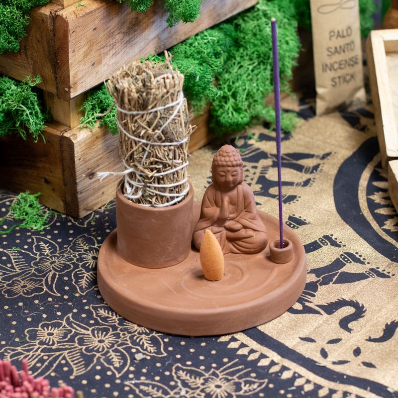 Multifunktionellt Rökelsefat med Buddha - Naturlig Terrakottastil