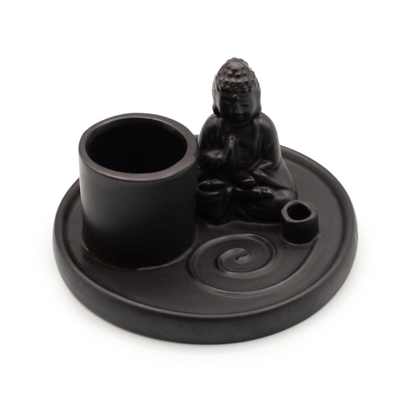 Multifunktionellt Rökelsefat med Buddha - Mattsvart Keramik