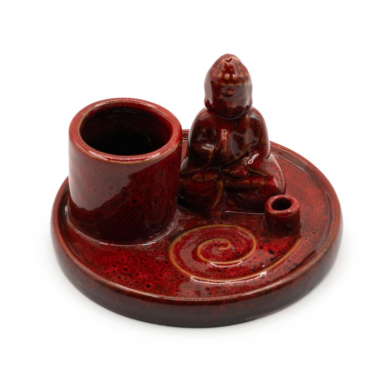 Multifunktionellt Rökelsefat med Buddha - Mjukröd Keramik