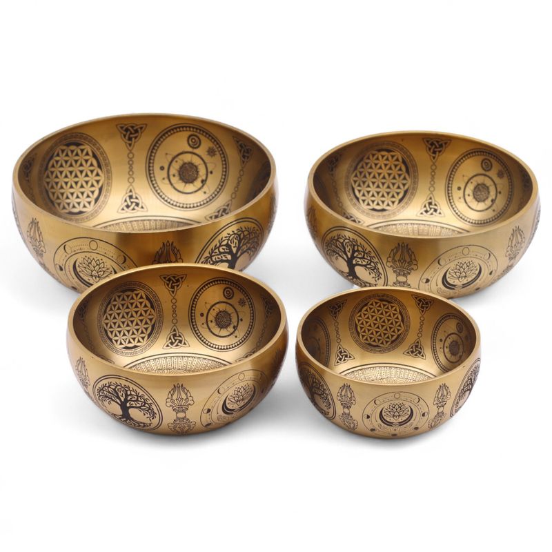Klangskålar av Ren Mässing - Etsad Buddha - Set om 4 - Ca 3.85kg