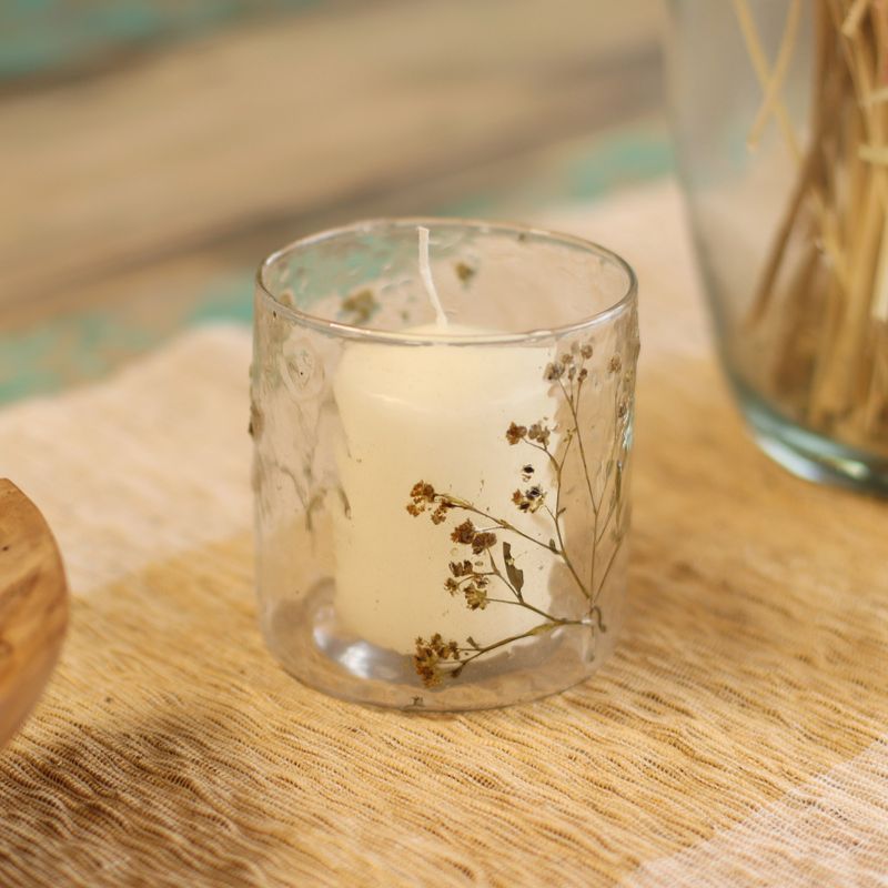 Naturligt Blommigt Glas - Rak Ljuslykta - Prästkrage (8x8cm)