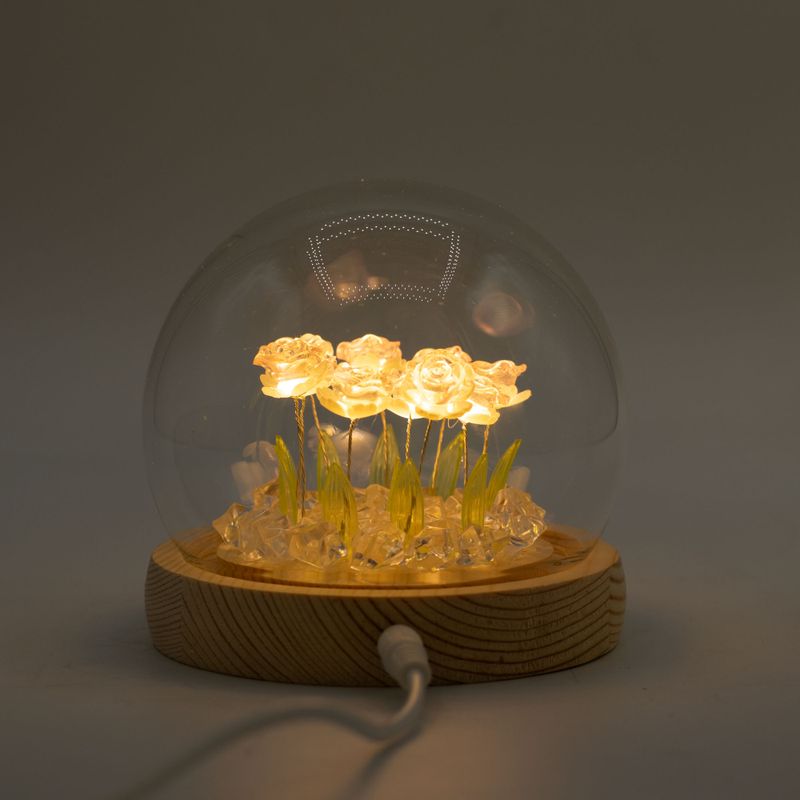 Lysande Glaskupa med Blommor - 10 Rosa Rosor - LED USB