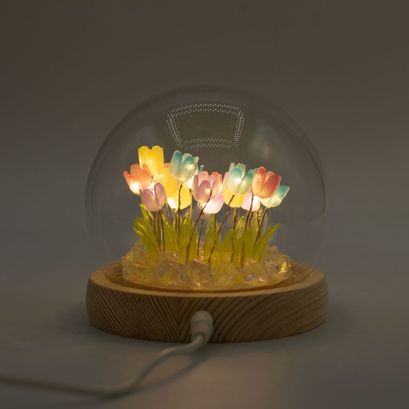 Lysande Glaskupa med Blommor - 20 Blandade Tulpaner - LED USB