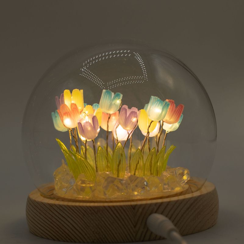 Lysande Glaskupa med Blommor - 20 Blandade Tulpaner - LED USB