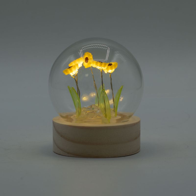 Lysande Glaskupa med Blommor - 5 Solrosor - LED Batteri