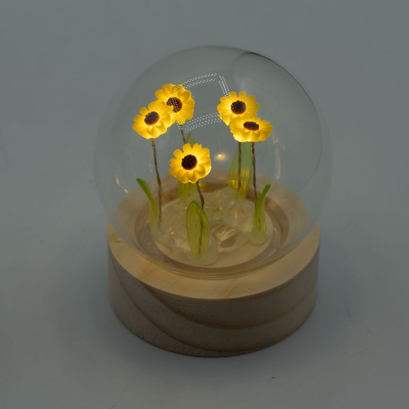 Lysande Glaskupa med Blommor - 5 Solrosor - LED Batteri