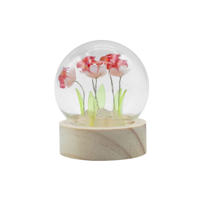 Lysande Glaskupa med Blommor - 5 Röda Rosor - LED Batteri