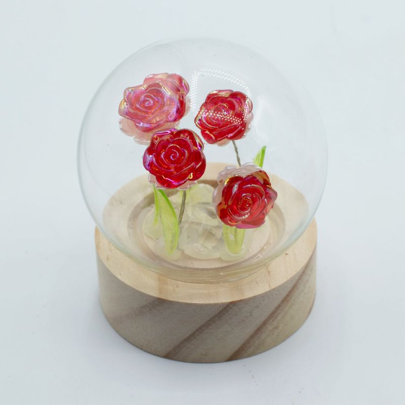Lysande Glaskupa med Blommor - 5 Röda Rosor - LED Batteri