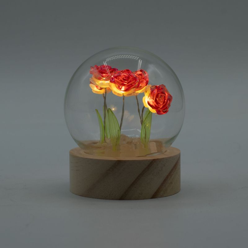 Lysande Glaskupa med Blommor - 5 Röda Rosor - LED Batteri