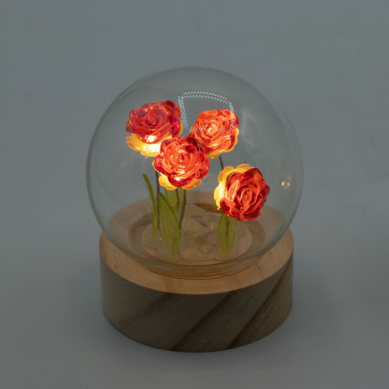 Lysande Glaskupa med Blommor - 5 Röda Rosor - LED Batteri