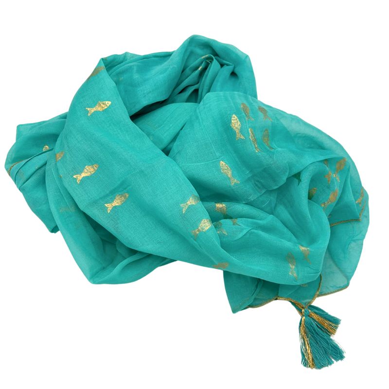 Nomad Sari Pareo - Handmålad Design i Turkos med Fiskar i Guld