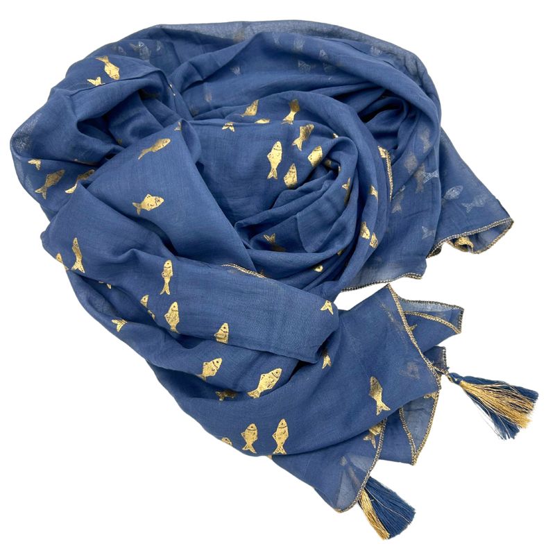 Nomad Sari Pareo - Handmålad Design i Havsblå med Fiskar i Guld