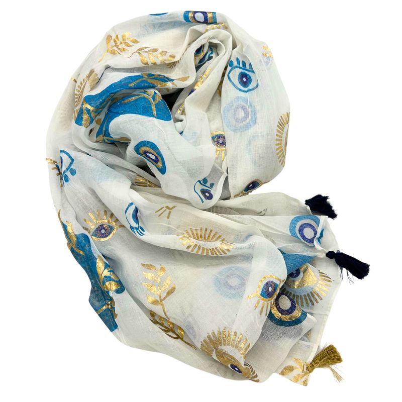 Nomad Sari Pareo - Handmålad Design i Vit, Blå & Guld med Onda Ögat
