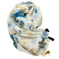 Nomad Sari Pareo - Handmålad Design i Vit, Blå & Guld med Onda Ögat