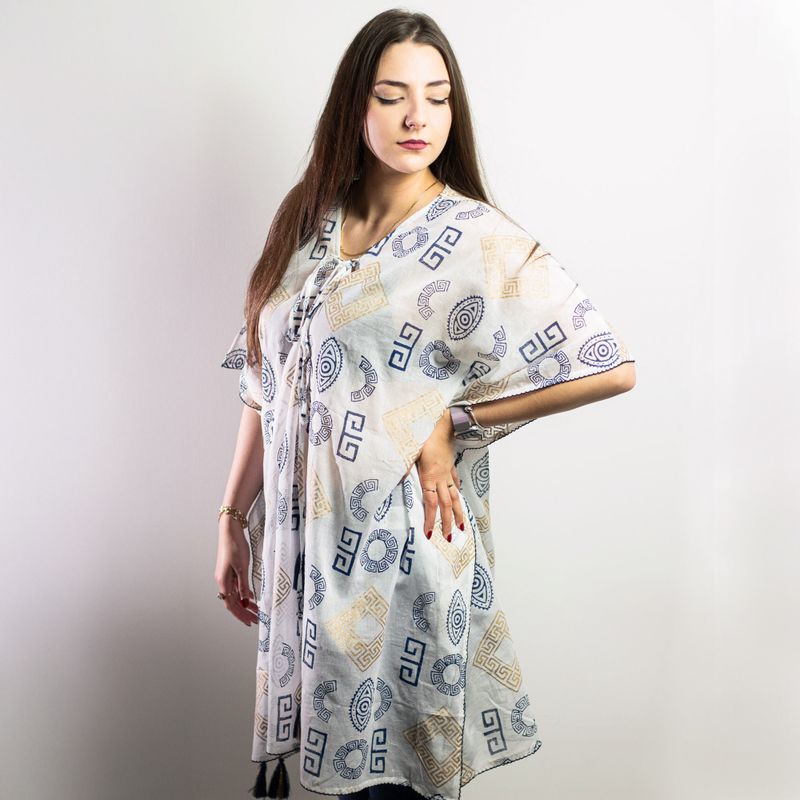 Nomad Sari Kaftan - Handmålad Grekisk Motiv i Guld & Blå