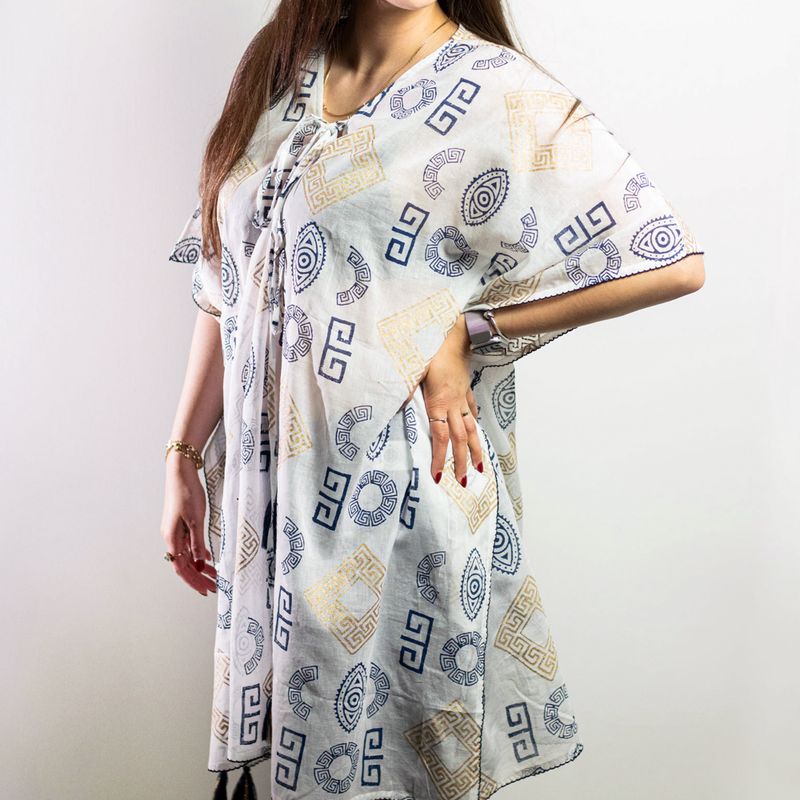Nomad Sari Kaftan - Handmålad Grekisk Motiv i Guld & Blå