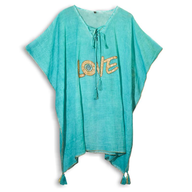 Nomad Sari Kaftan - Handmålad Design "Love" i Turkos & Guld