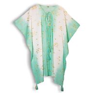 Nomad Sari Kaftan - Handmålad Design i Vit & Turkos med Fiskar i Guld
