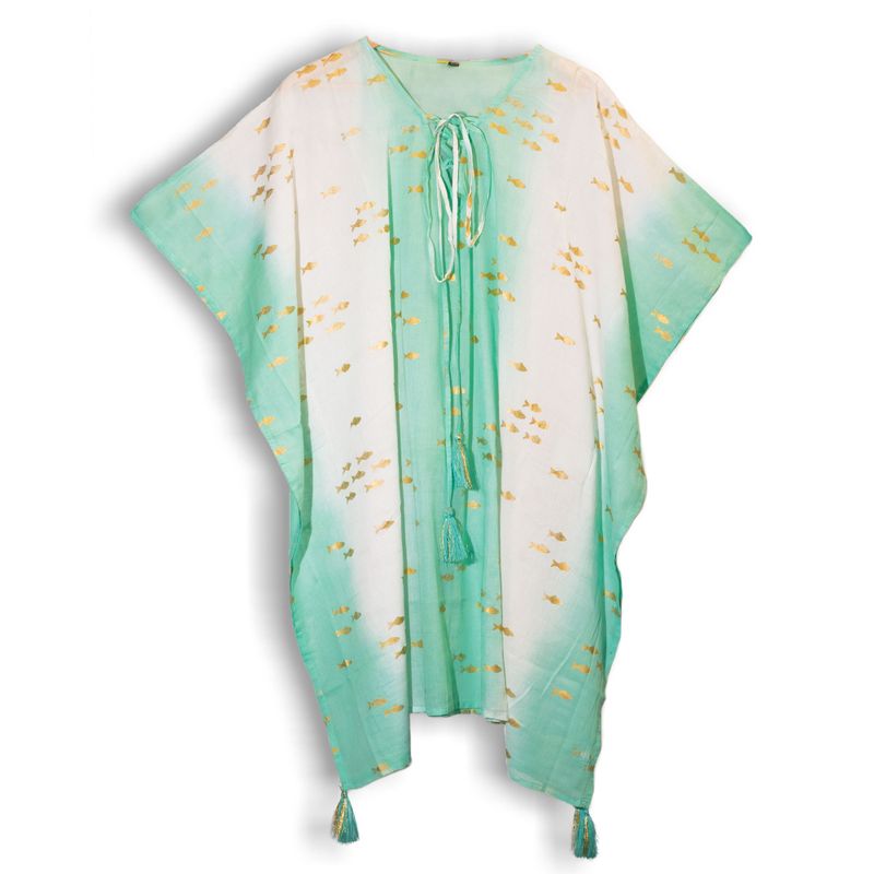 Nomad Sari Kaftan - Handmålad Design i Vit & Turkos med Fiskar i Guld