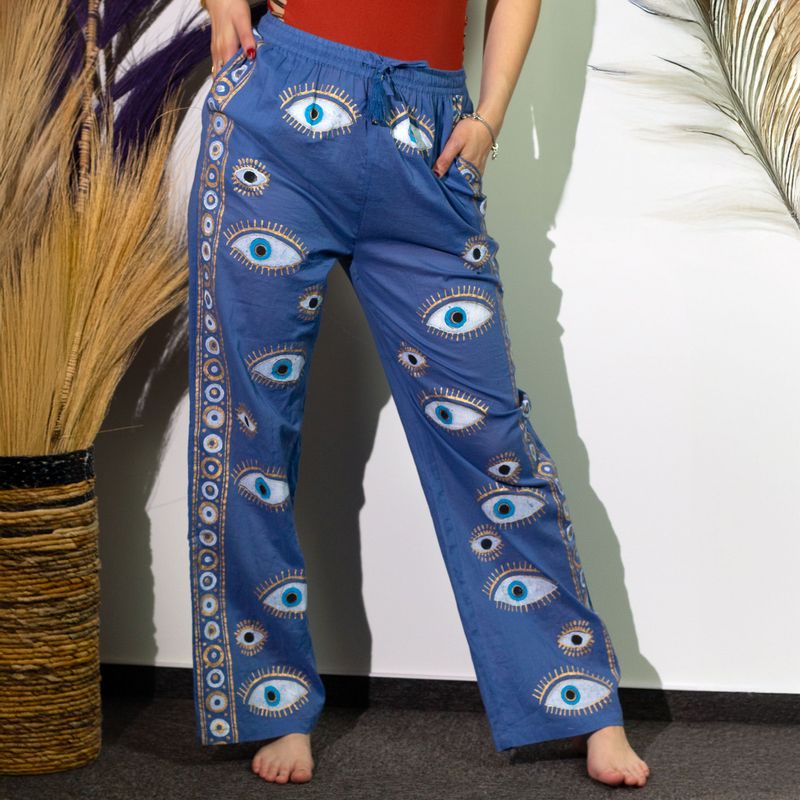 Nomad Sari Byxor M/L - Handmålad Design i Djup Blå & Guld med Onda Ögat